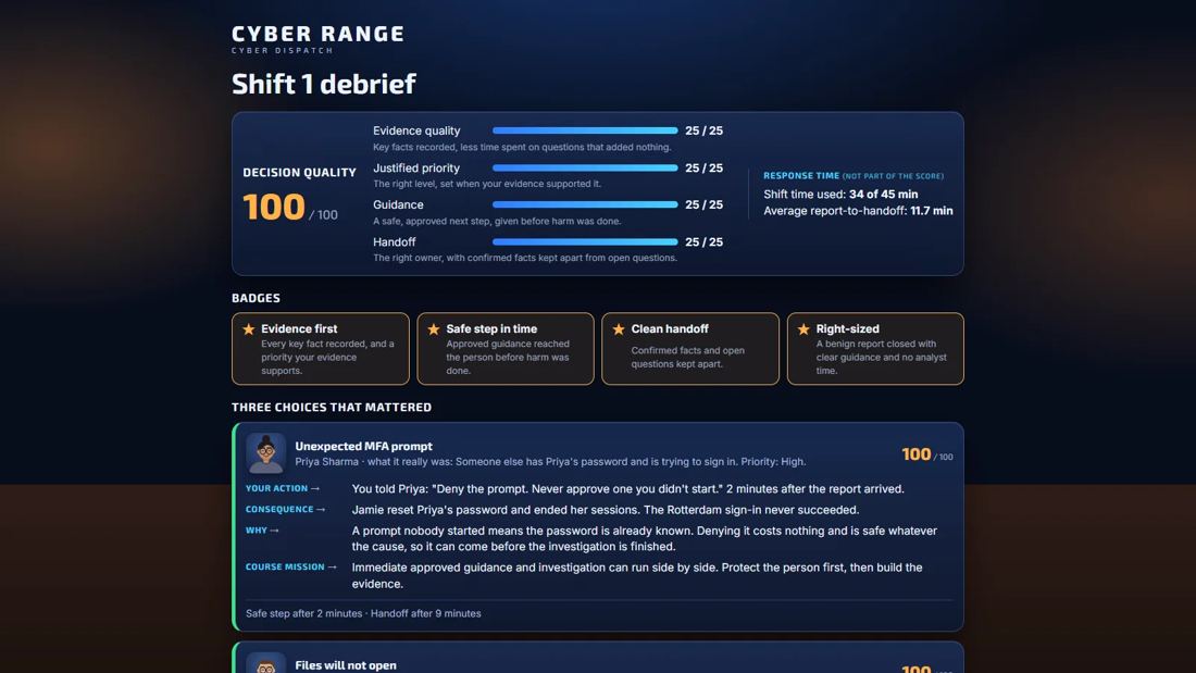 Cyber Dispatch: First Shift debrief screen