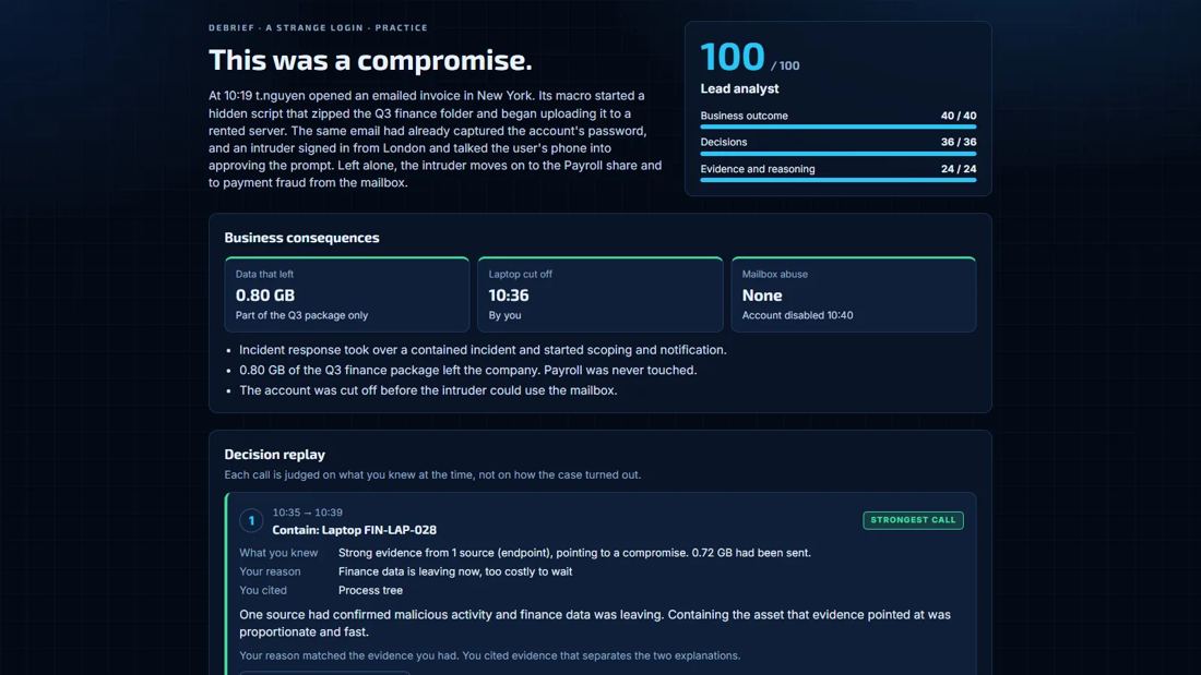 SOC Dashboard Challenge: A Strange Login debrief screen