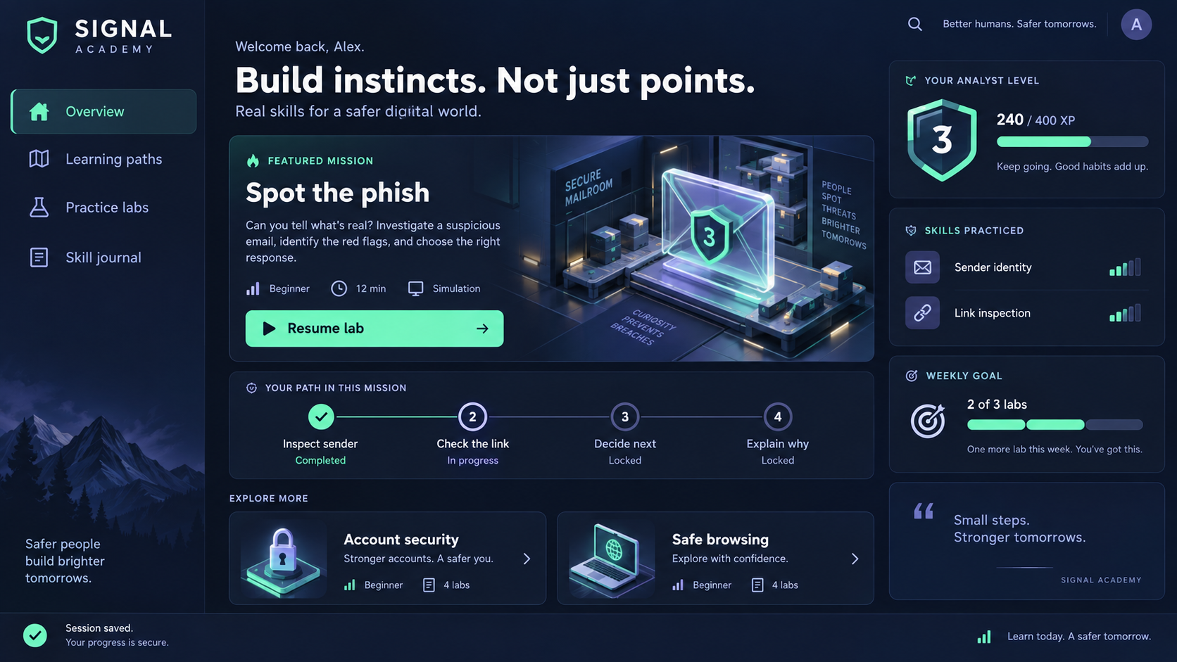 Signal Academy learning dashboard and mission path
