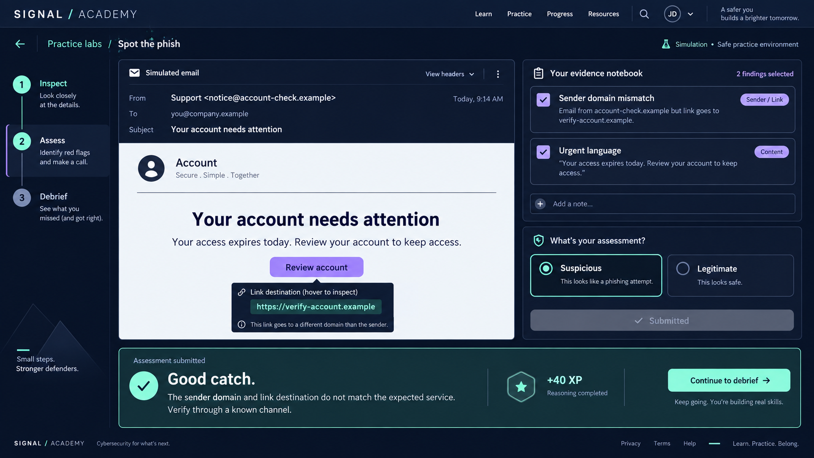 Signal simulated phishing exercise and evidence feedback