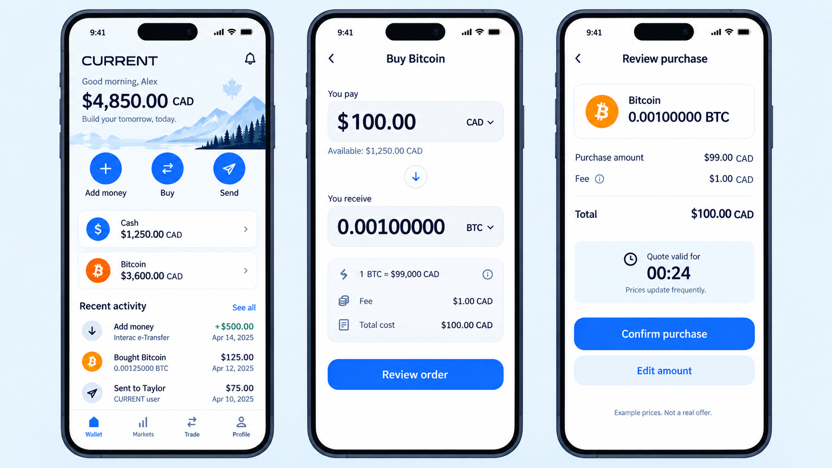 Current mobile wallet, purchase entry, and order review