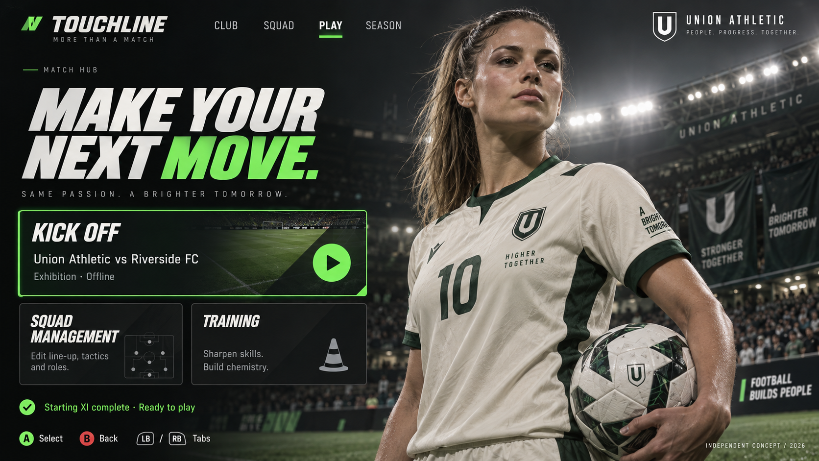 Soccer match hub concept with a fictional Union Athletic player