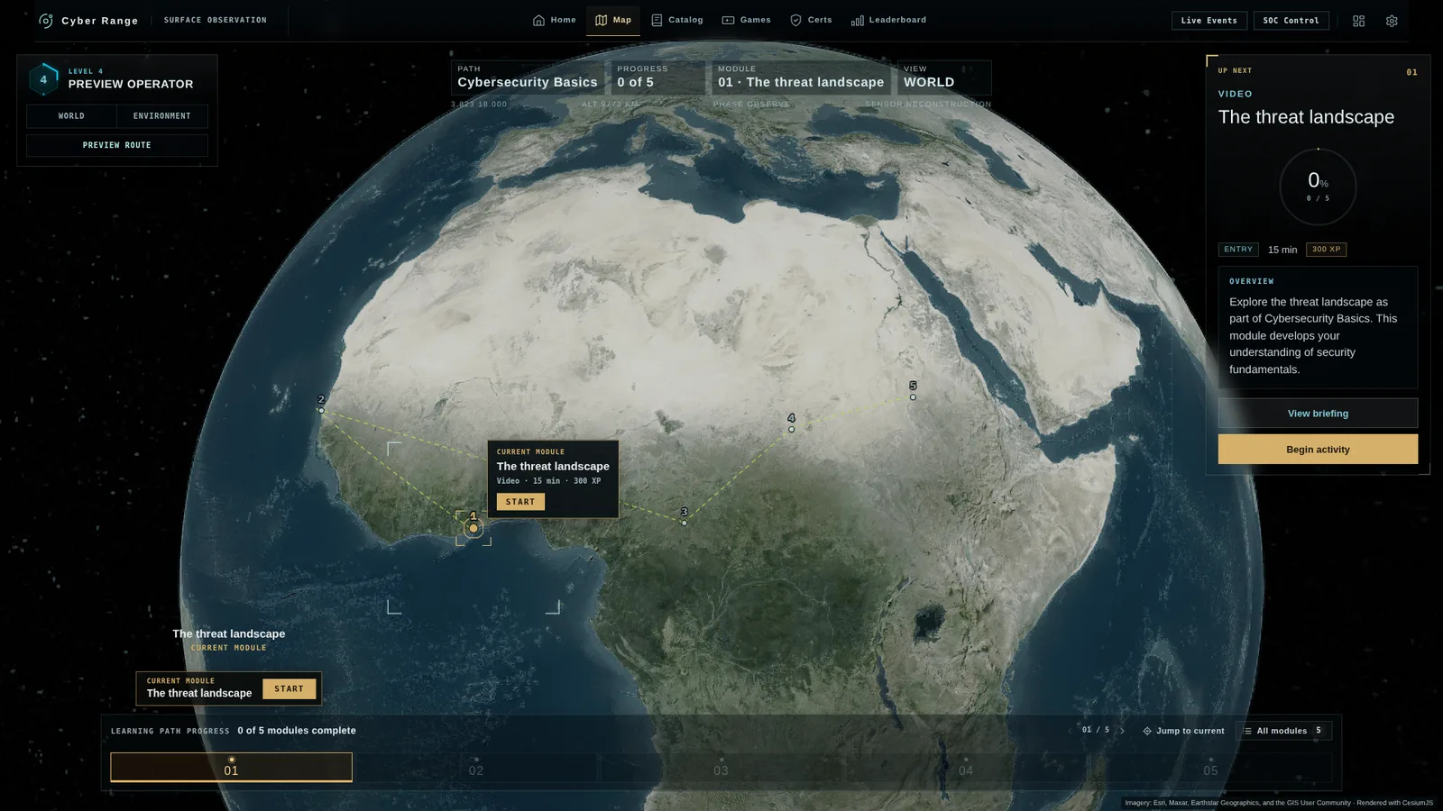Globe view of the training world with the first module pinned on the map and a next-up panel.