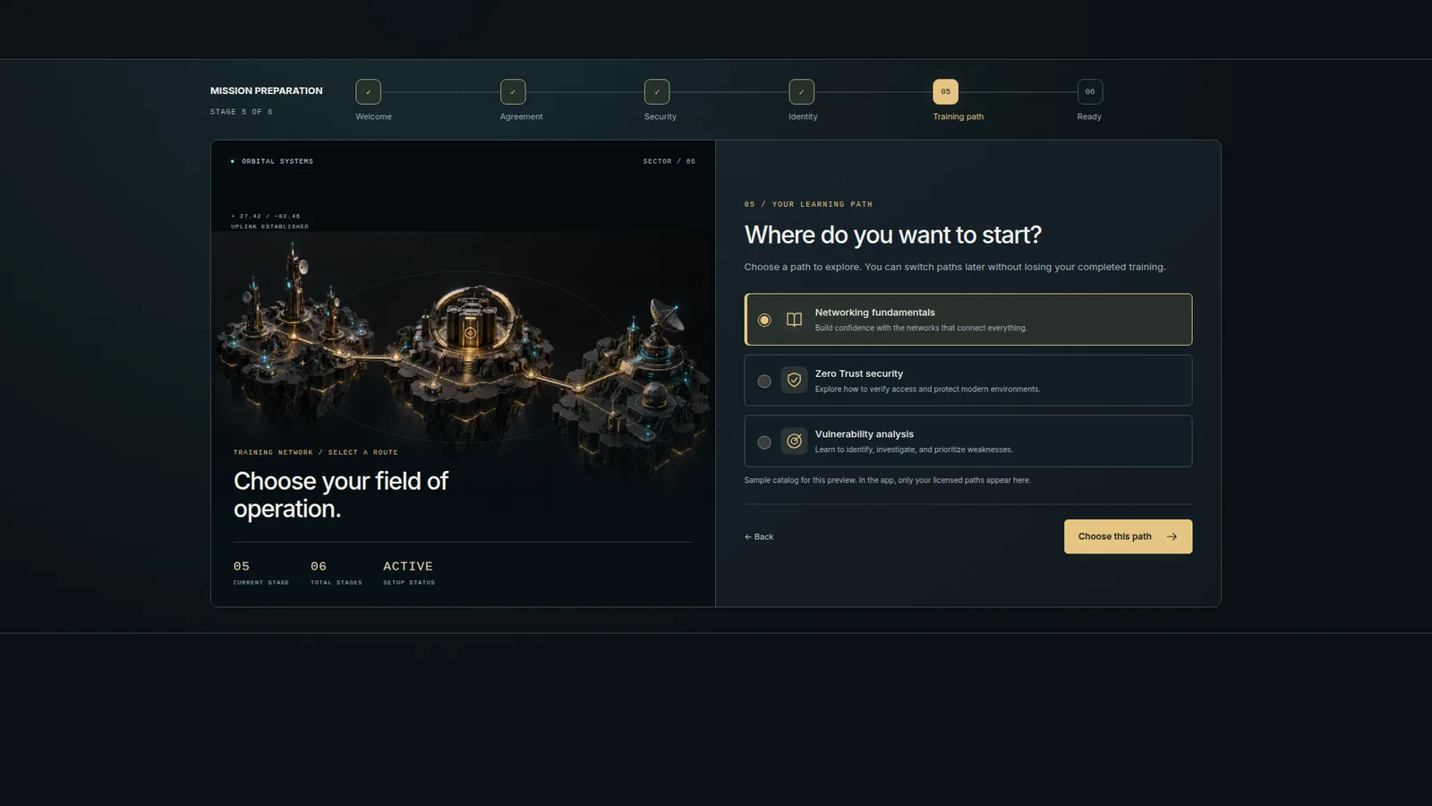Onboarding screen choosing a field of operation