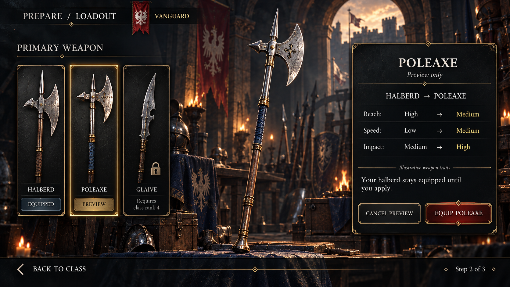 Poleaxe comparison showing preview, equipped and locked weapon states