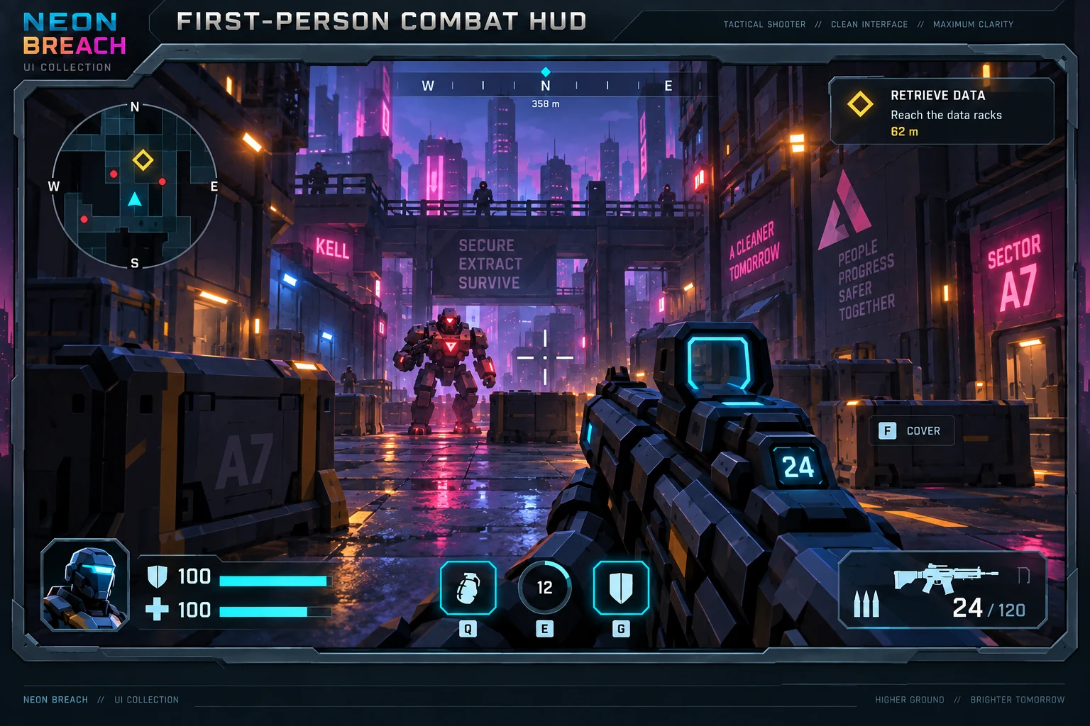 First-person shooter HUD in a neon city