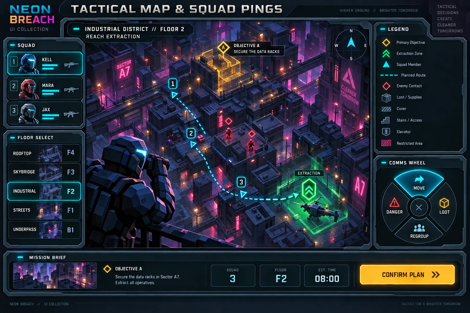 Neon Breach · Tactical map concept screen