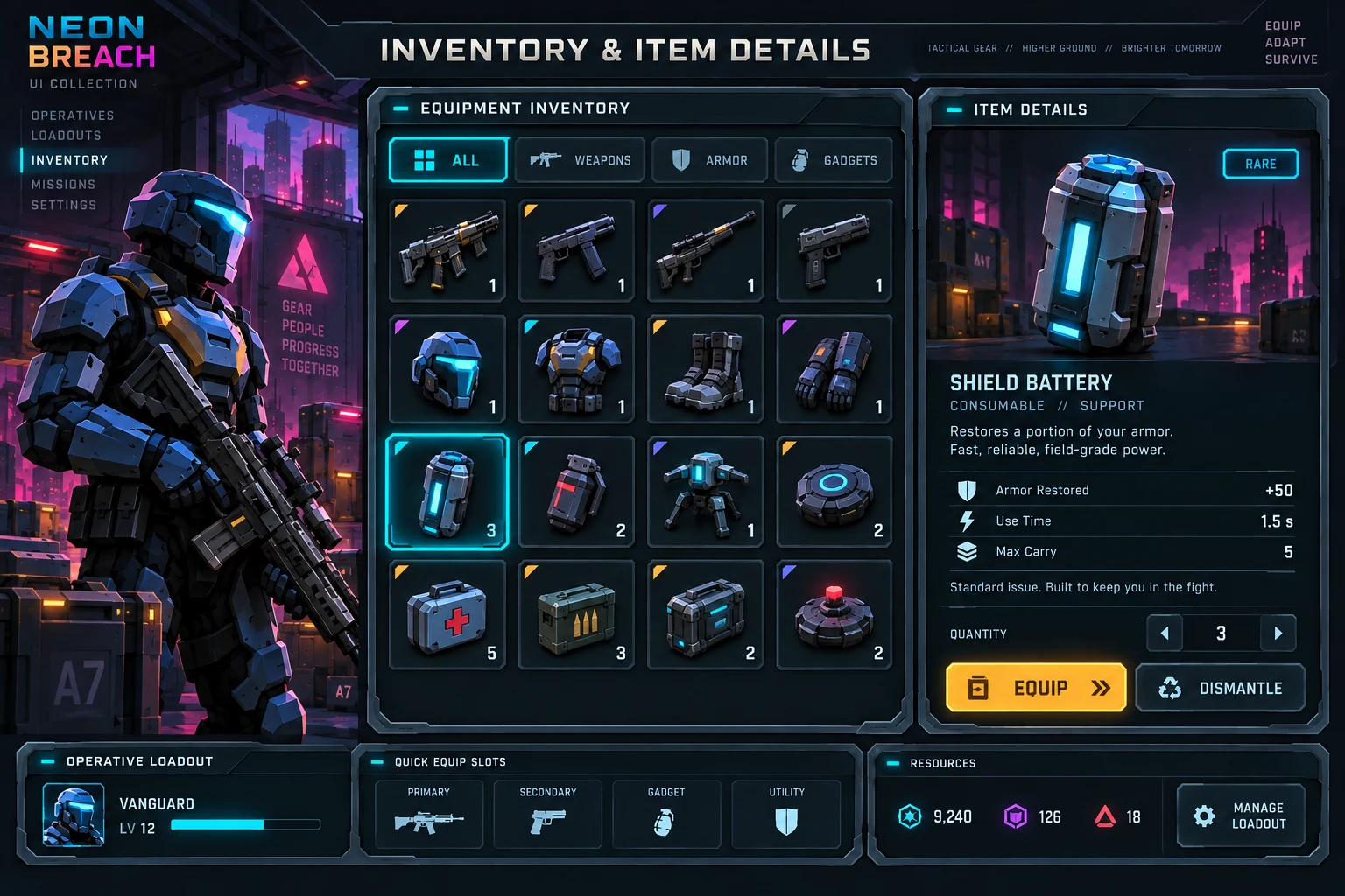 Neon Breach · Inventory concept screen