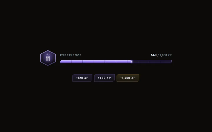 XP bar component: level and gain steps