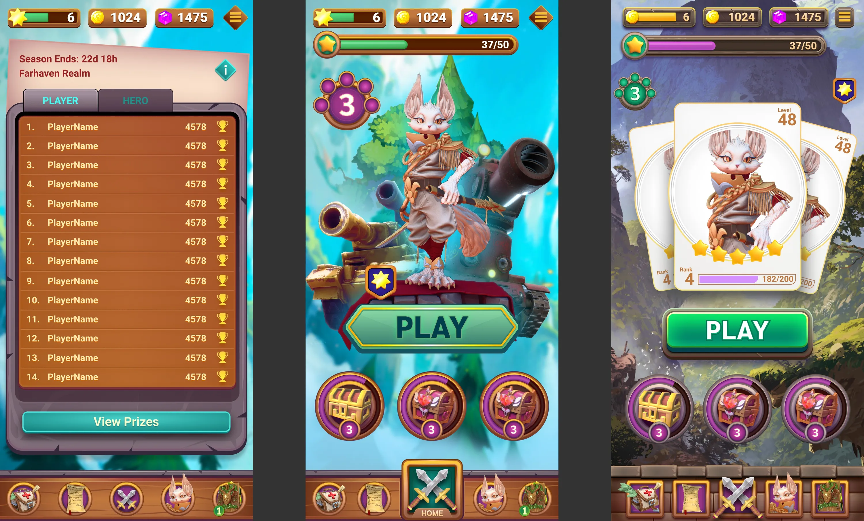 TNT: Visual pass. Leaderboard, home and hero card screens with final art direction.
