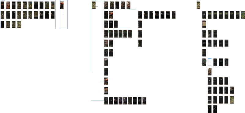 Figma canvas for Fire and Glory: Blood War: A strategy game’s screens arranged in columns by flow.