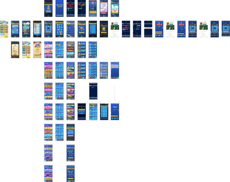 FigJam canvas for Bricks Ball Crusher: Every screen of a live game laid out for review.