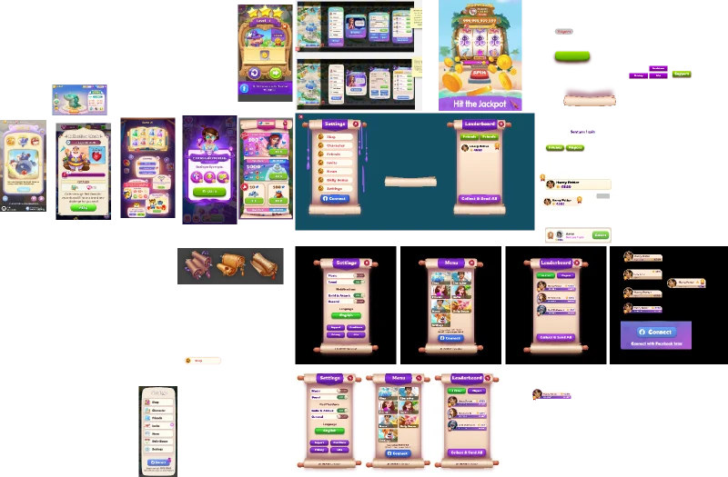 Figma canvas for Spin a Spell: Popups, shop and reward screens in a new visual treatment.