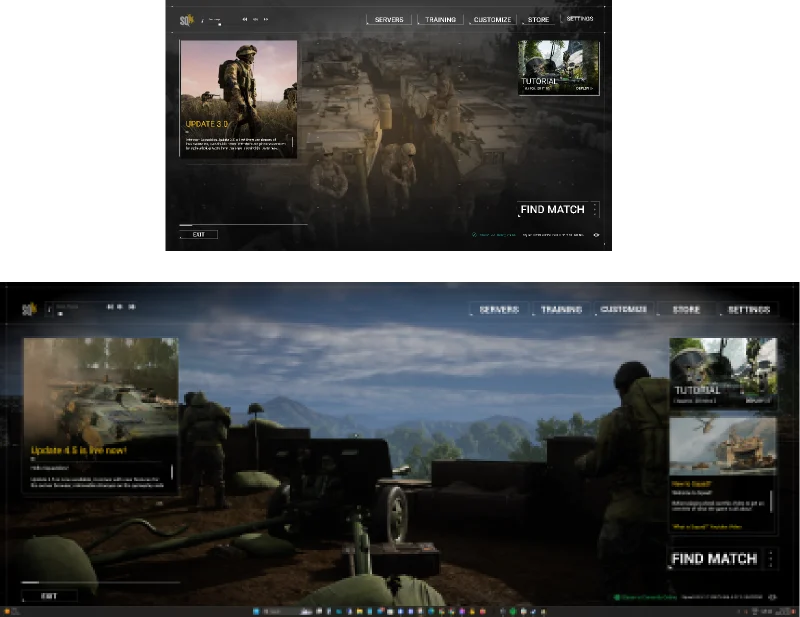 Figma canvas for Squad: Two main-menu layouts over in-game backdrops.