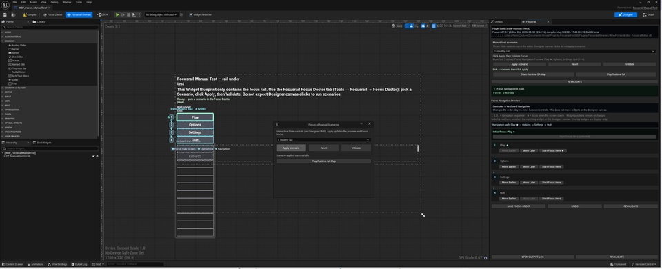 Unreal Engine widget editor with a numbered Focusrail navigation rail, manual test controls, and the Focus Doctor panel