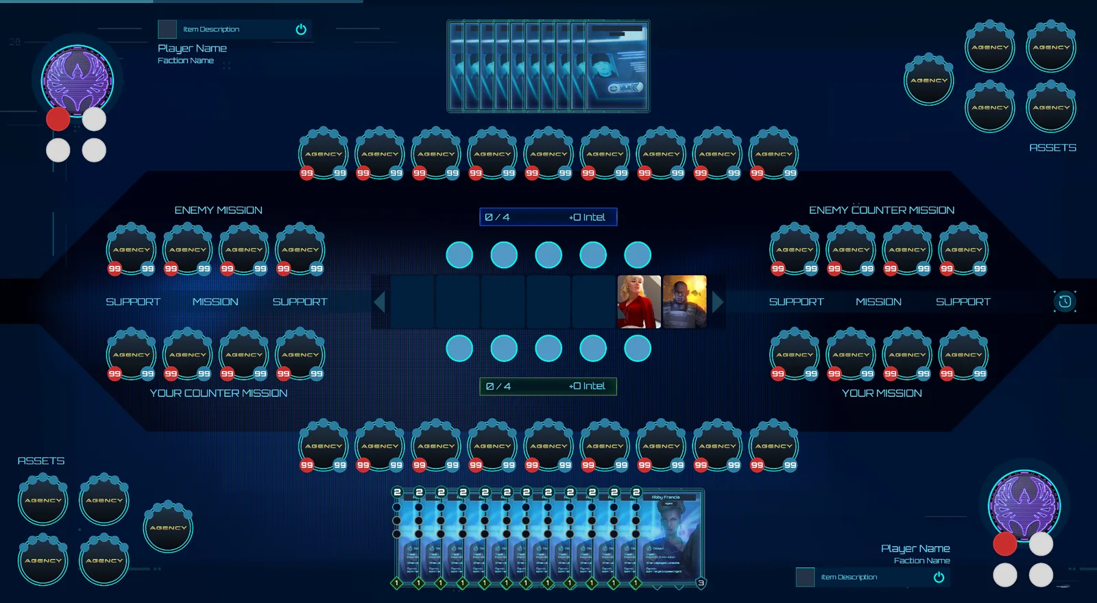 Two-player card game board with mission lanes