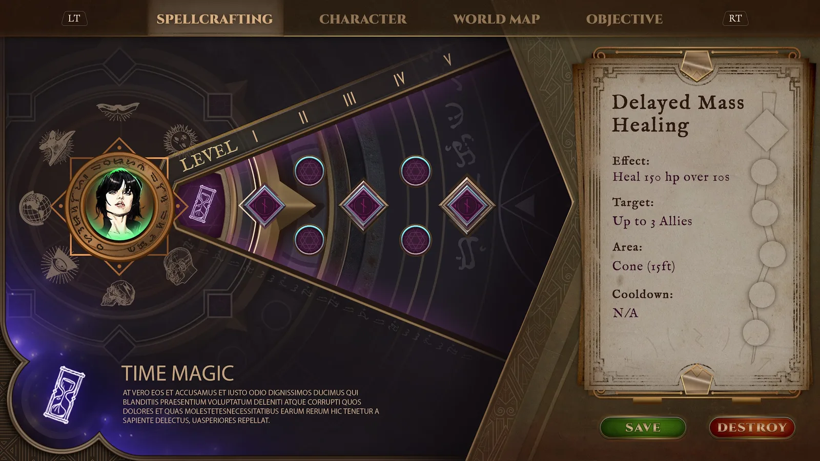 Spellcrafting screen with a spell track, level markers and a spell description on parchment