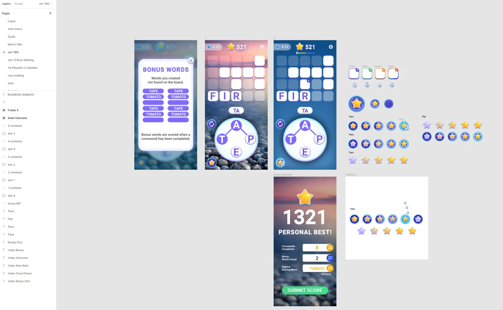Figma canvas with word game screens, star tier components and a results screen