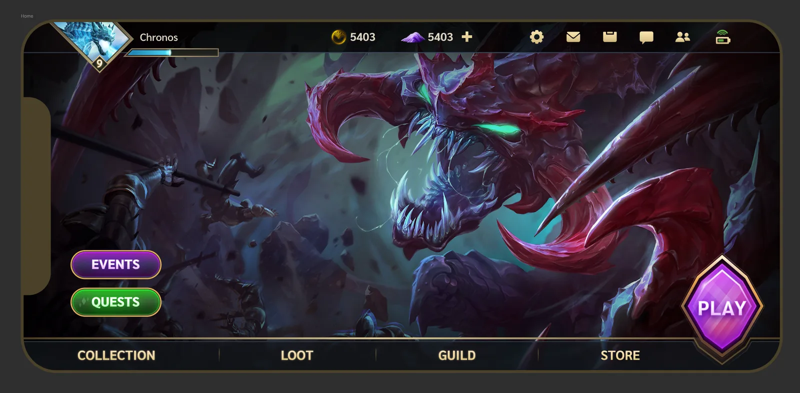 Home screen with featured art and collection, loot, guild and store tabs