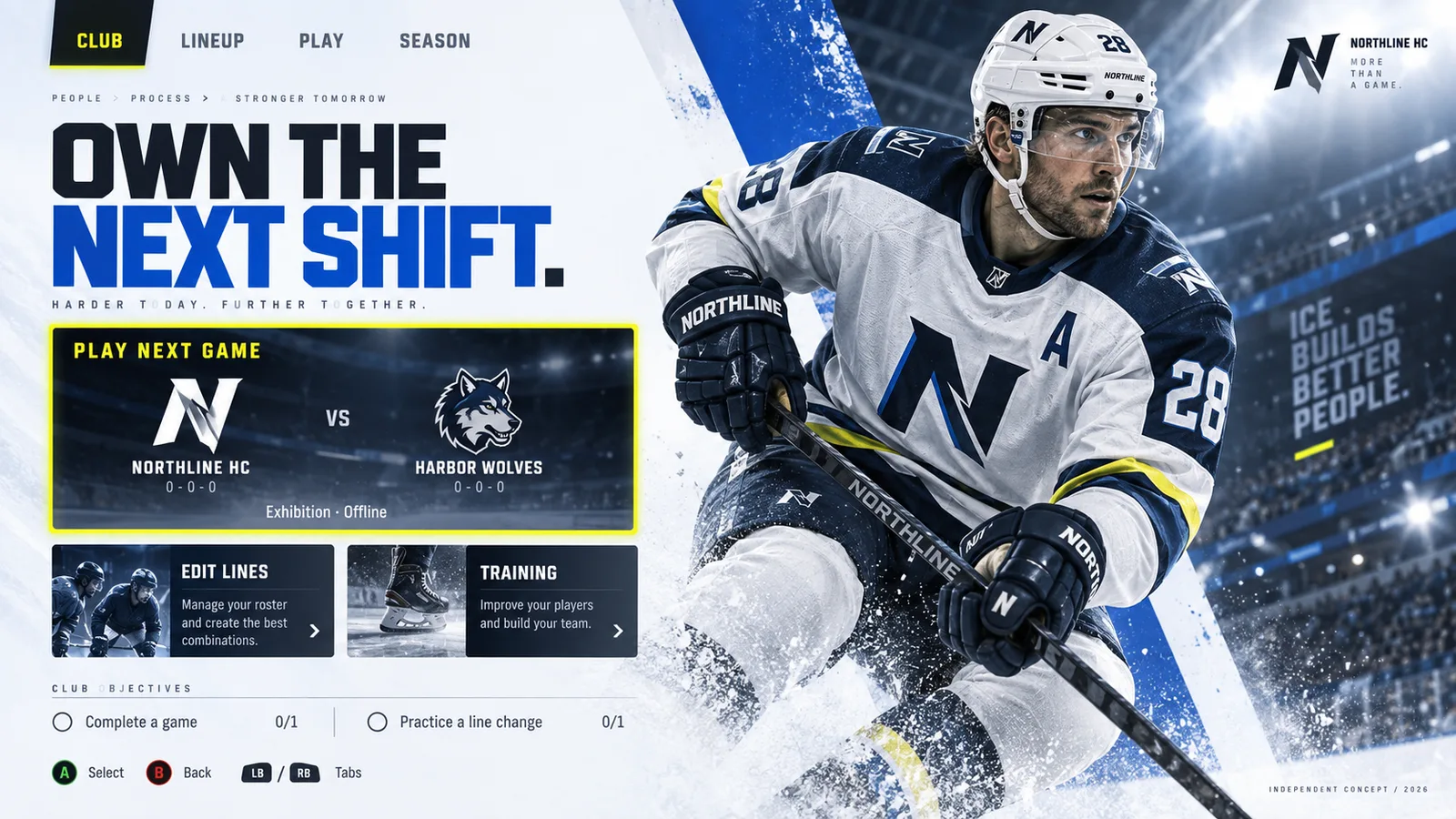 Hockey club hub with next game and a player in action