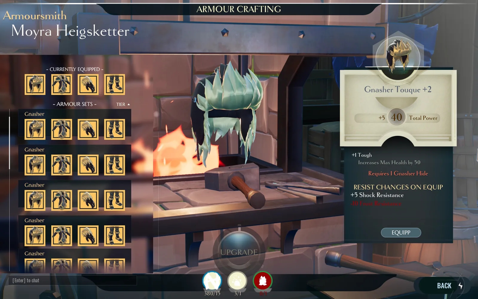 Armour crafting screen at the armoursmith with a helmet preview