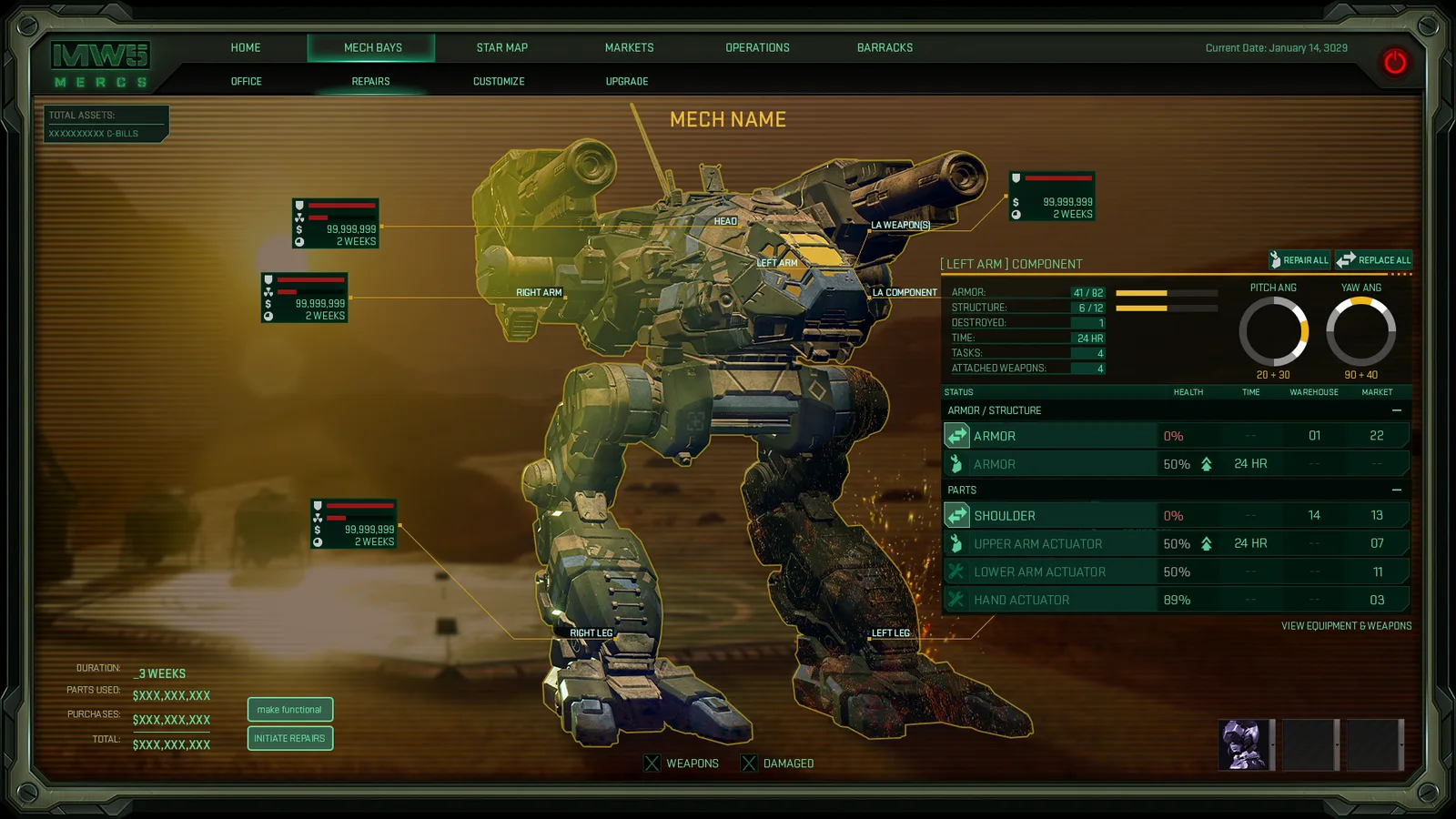 Mech bay interface with a mech, loadout slots and repair status