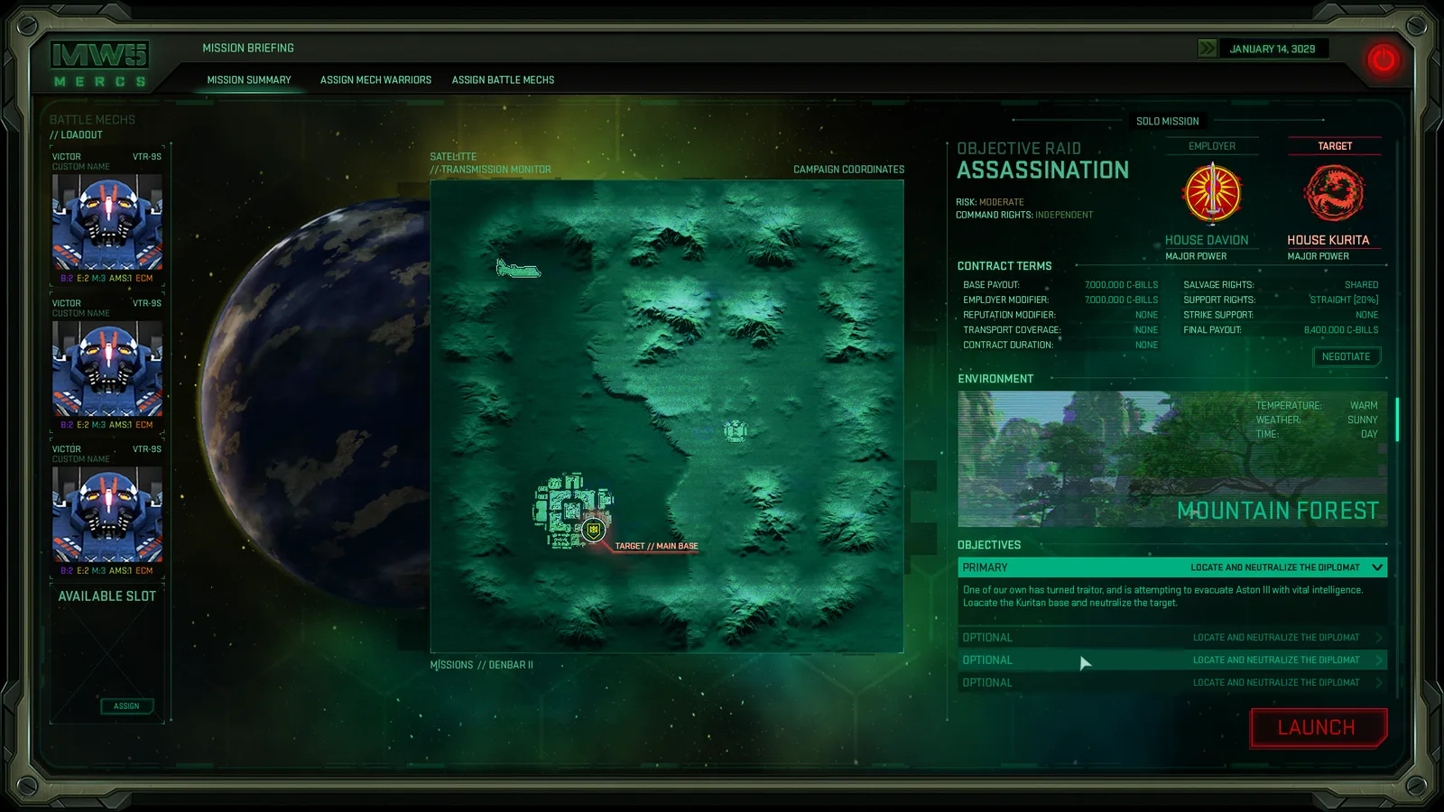 Mission briefing with terrain map, objectives and contract terms