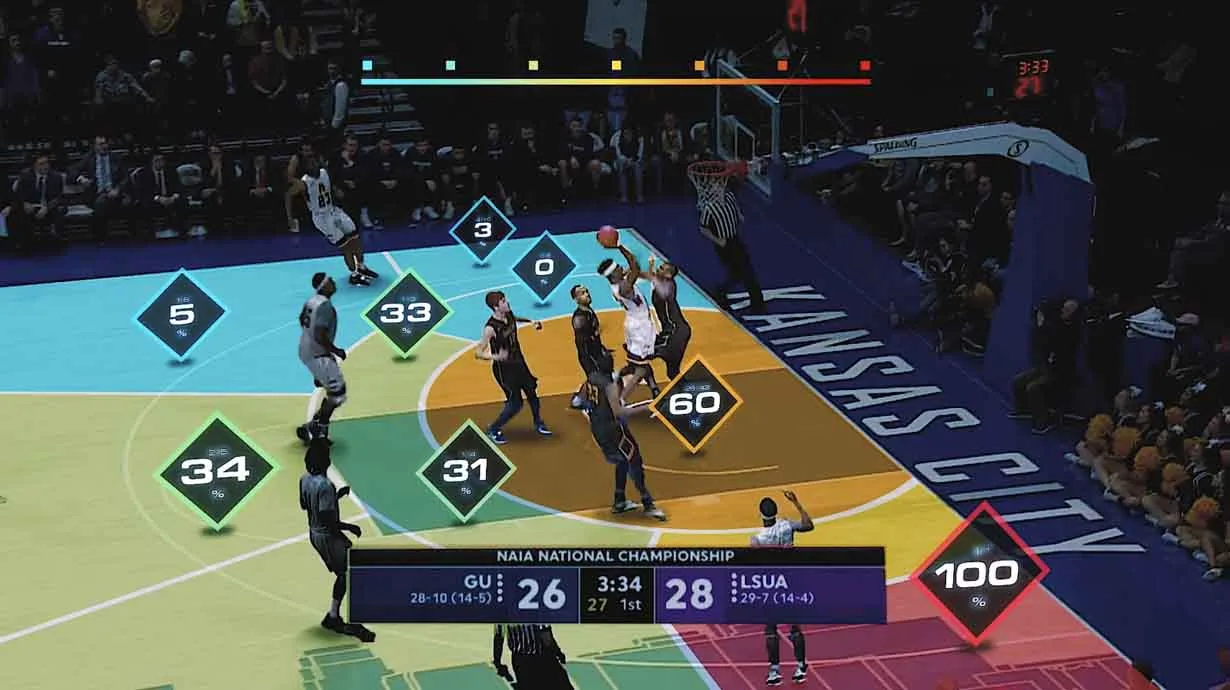 Live basketball court with player rating markers overlaid