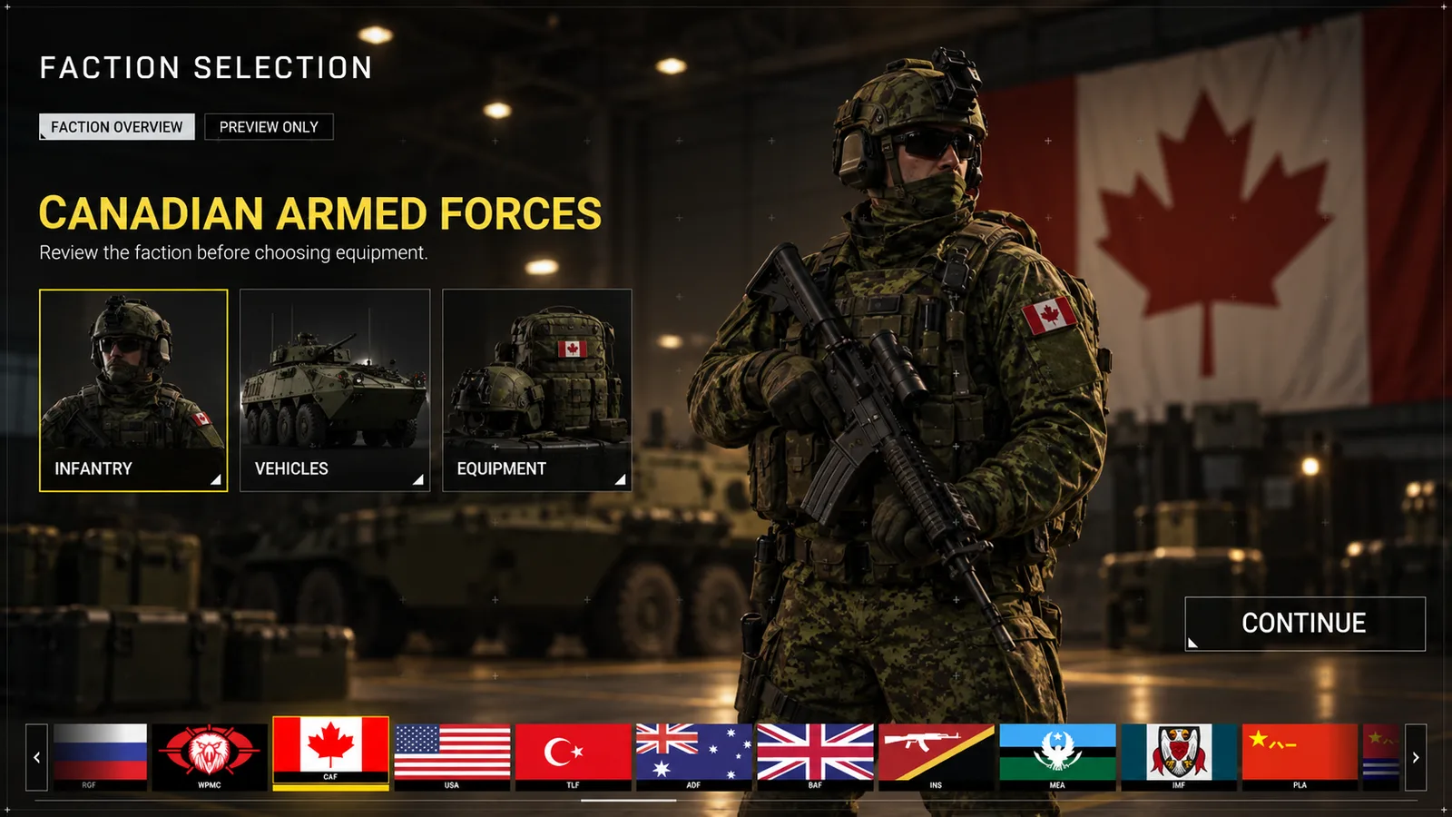 Faction selection screen with a soldier, flag and equipment categories