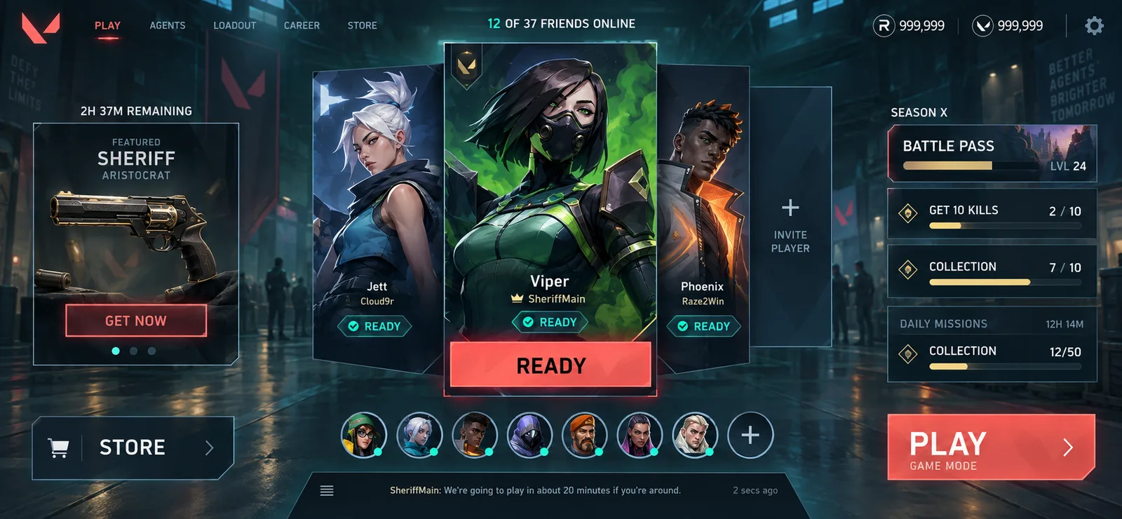 Party lobby in colour with a featured agent and squad slots