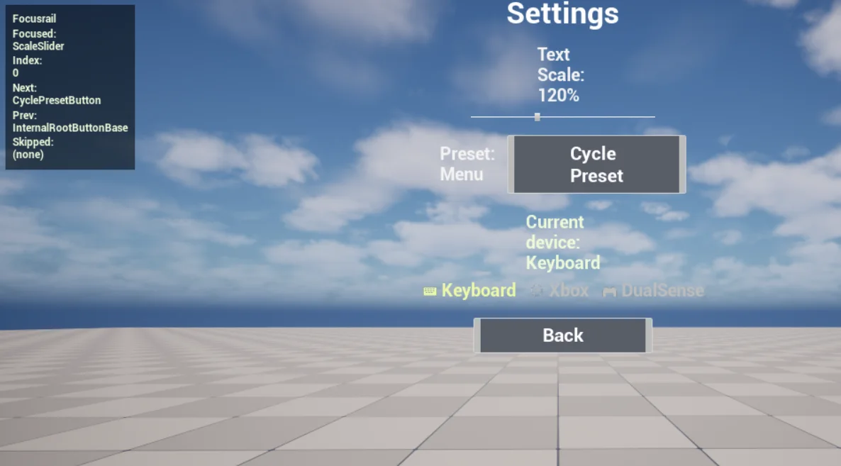 A running Unreal settings menu with device prompts and a focus overlay