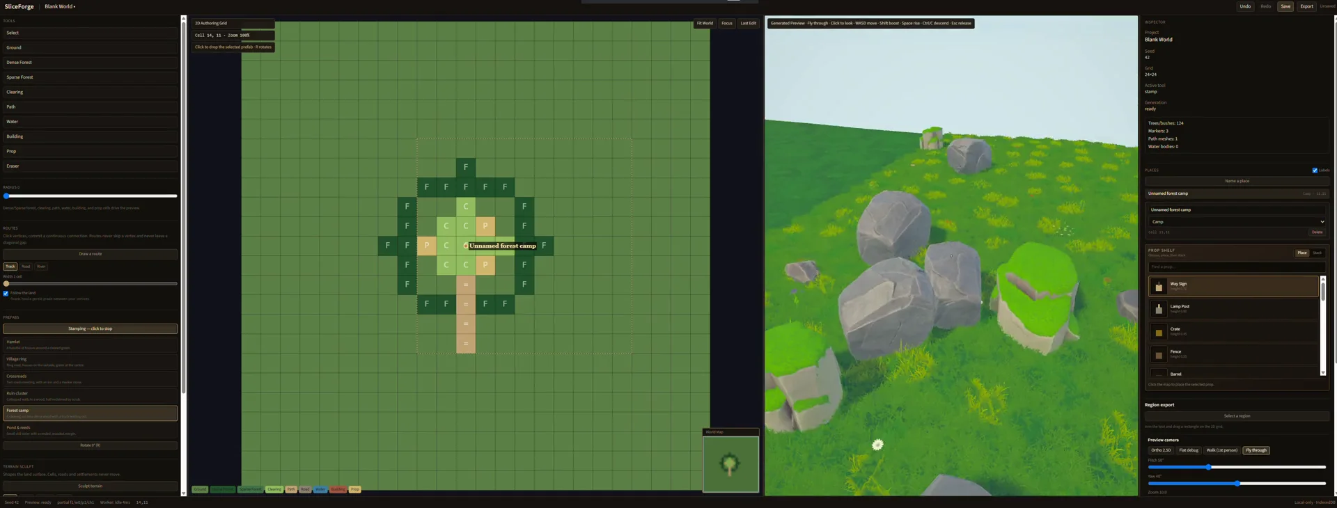 World Editor with a cell grid beside generated terrain