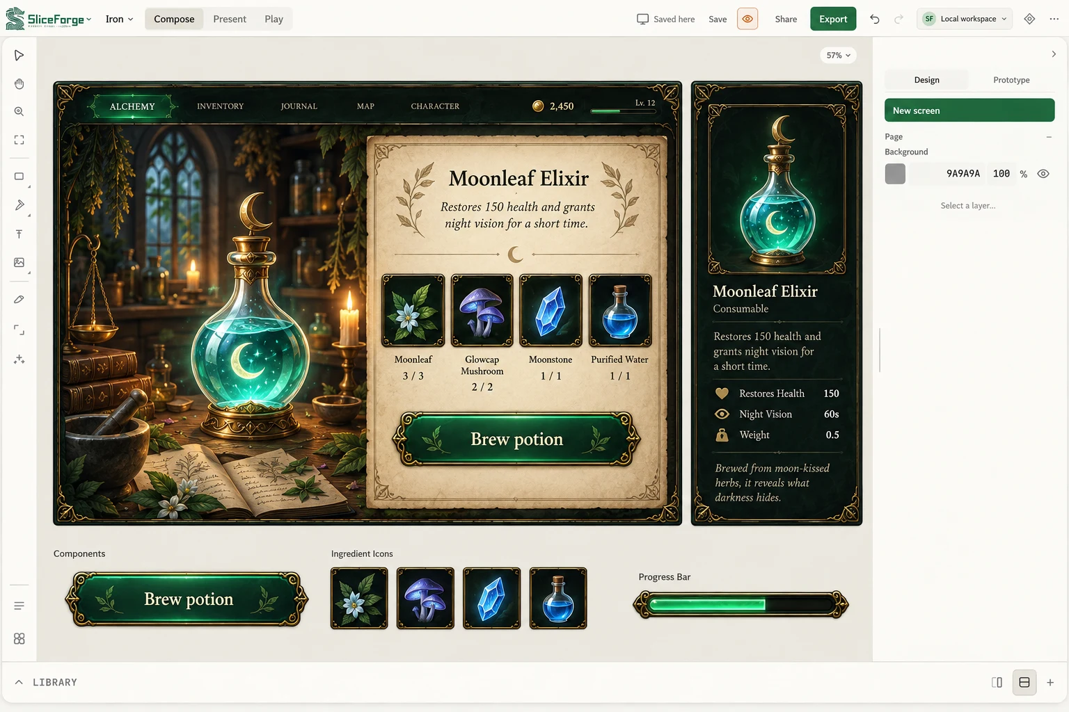 A fantasy alchemy game interface arranged in the SliceForge Compose editor