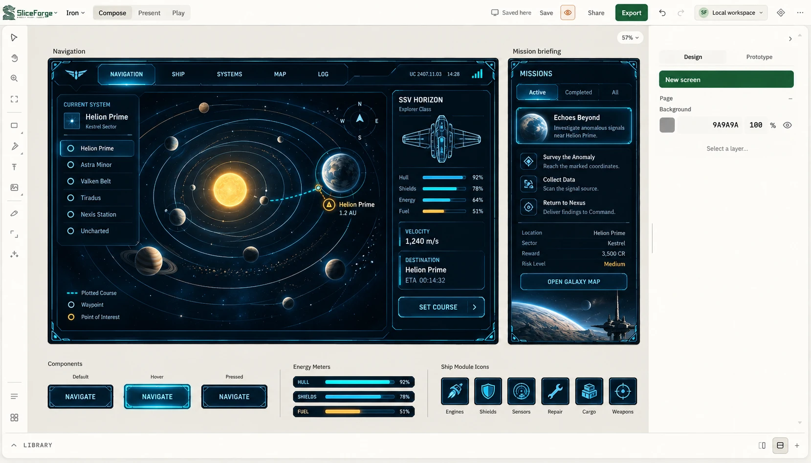 SliceForge workspace showing a science-fiction game interface