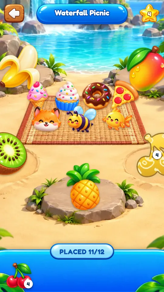 A beach scene with stickers placed on a picnic mat