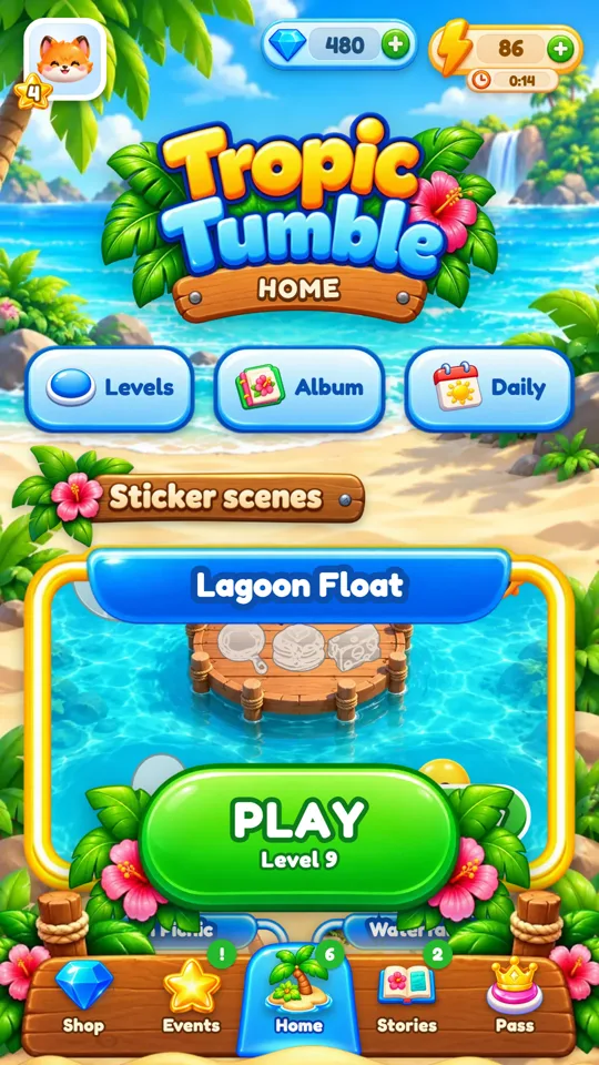 The Home screen with a scene card and a Play button