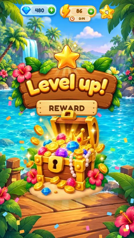 A treasure chest bursting open under a Level up sign