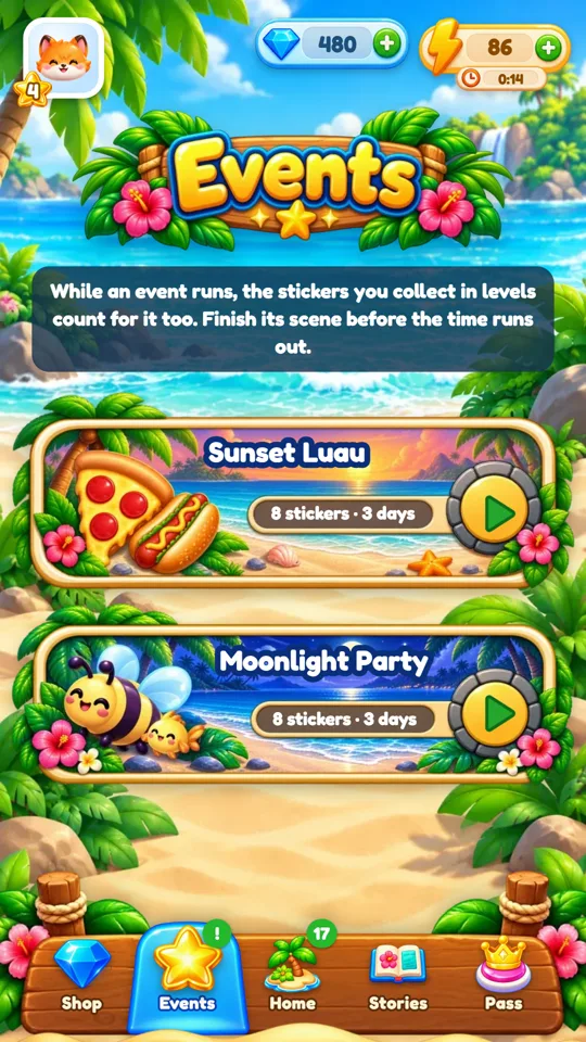 The Events screen with two event cards