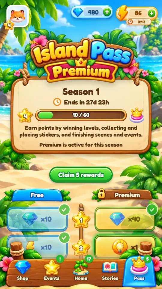 The Island Pass with free and premium reward tracks