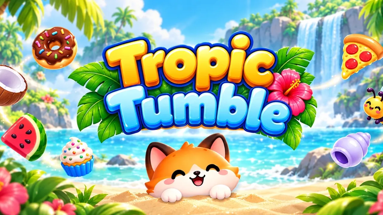 Tropic Tumble, a sticker merge game on a sunny island